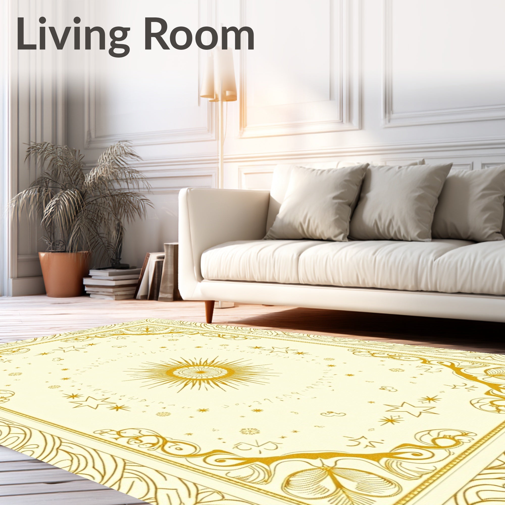 Golden Celestial Sunburst Floral Border Rug