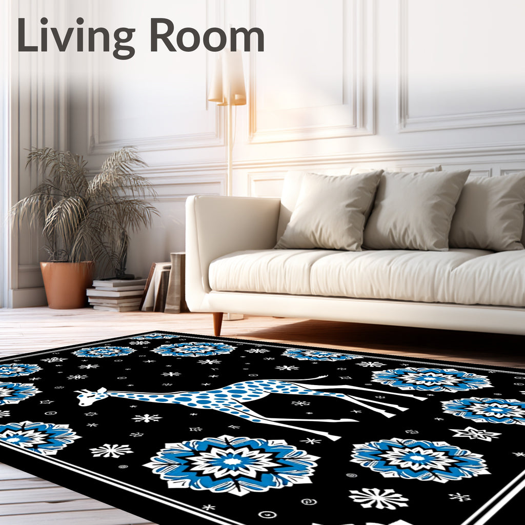 Playful Blue Spotted Giraffe Floral Motif Rug