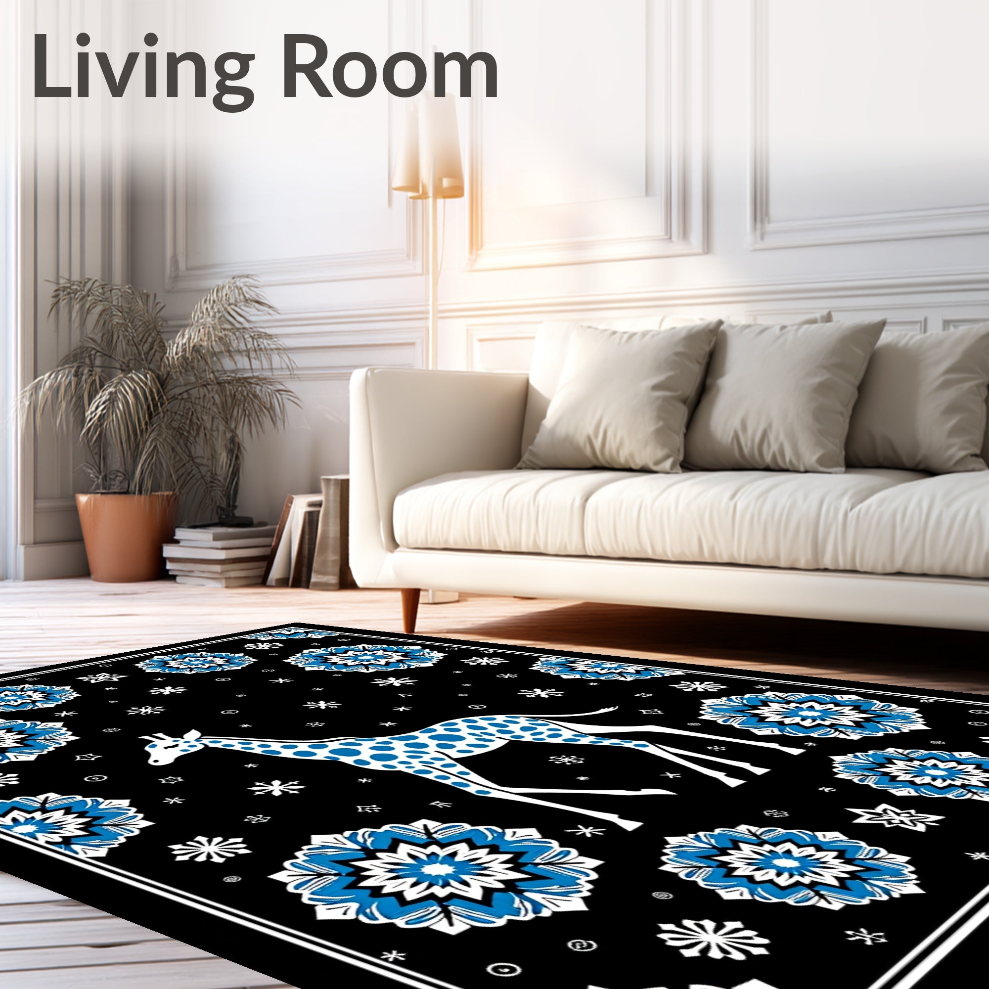 Playful Blue Spotted Giraffe Floral Motif Rug
