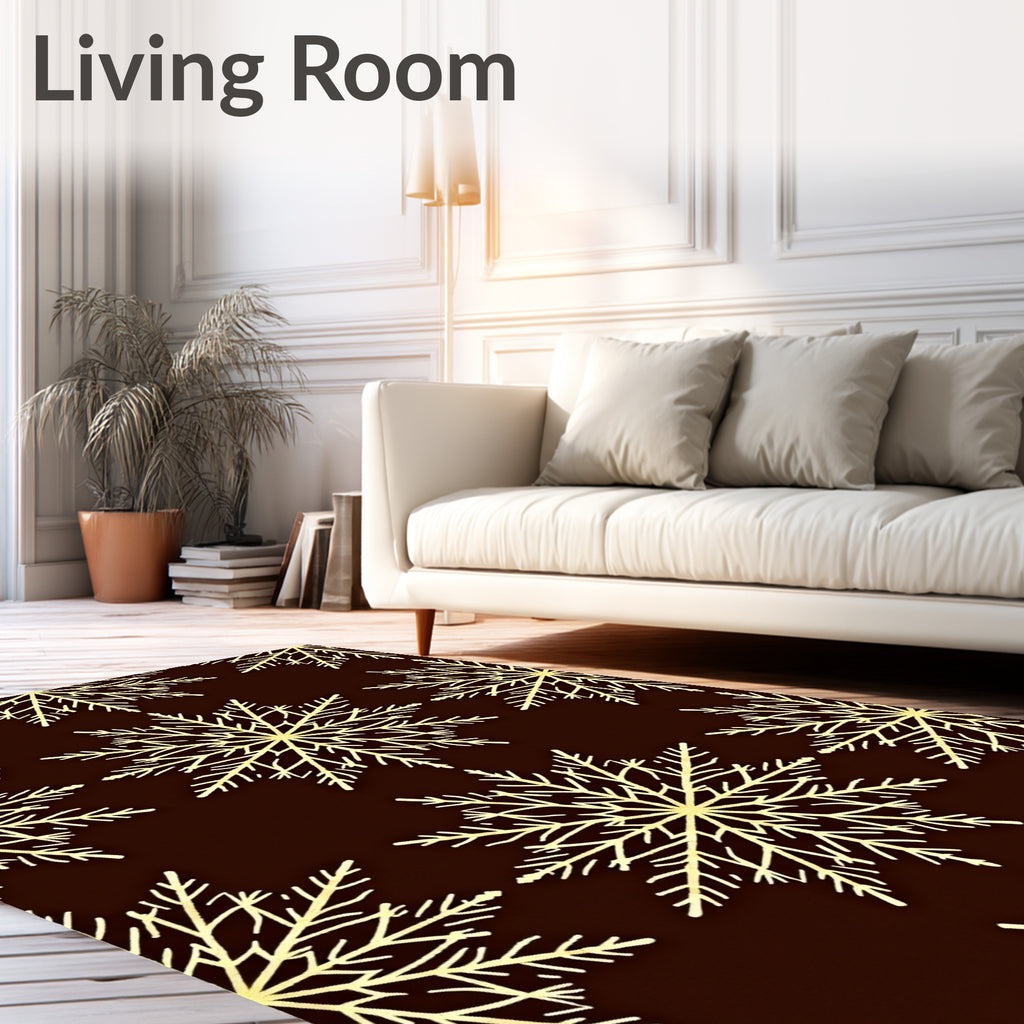 Golden Snowflakes on Dark Brown Background Rug