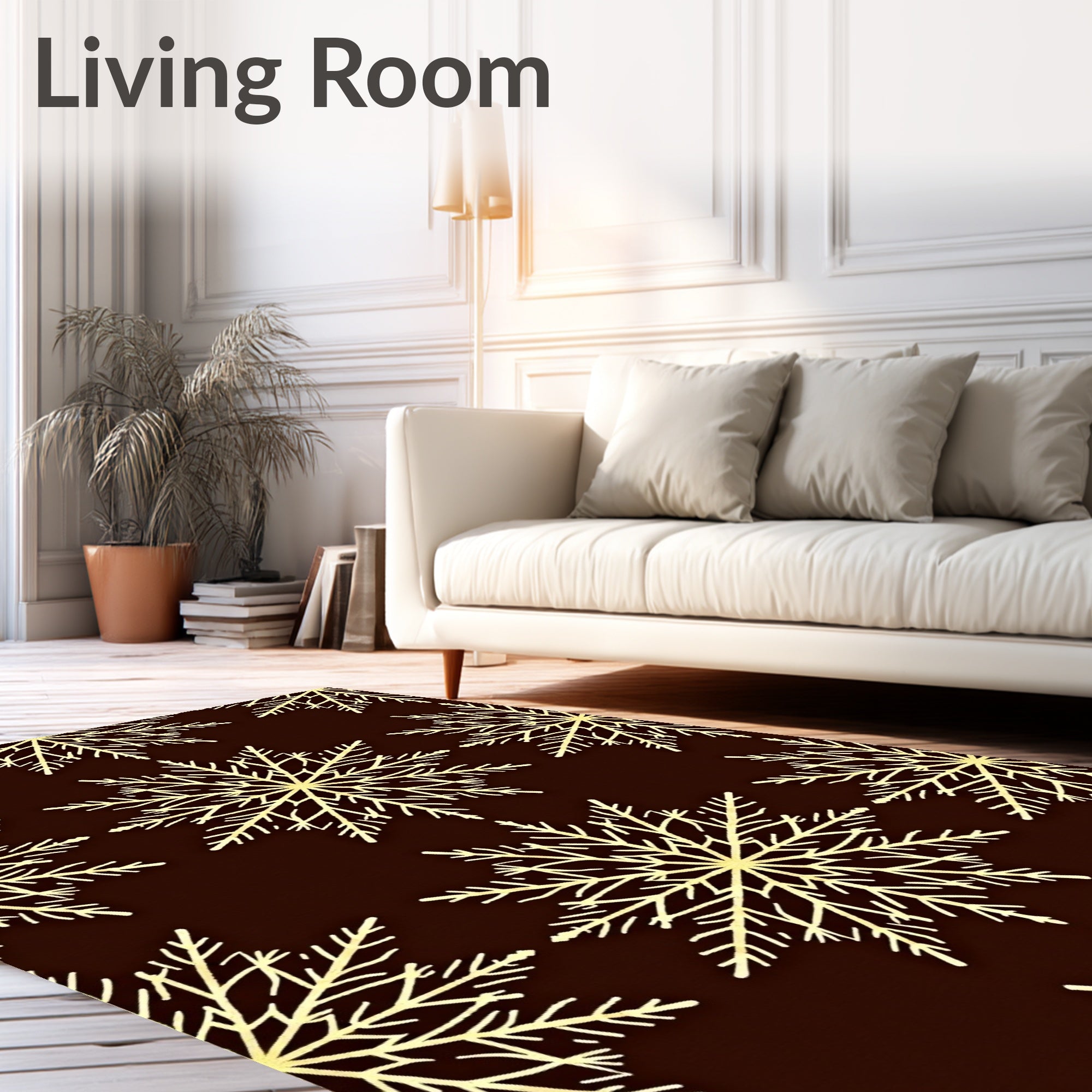 Golden Snowflakes on Dark Brown Background Rug