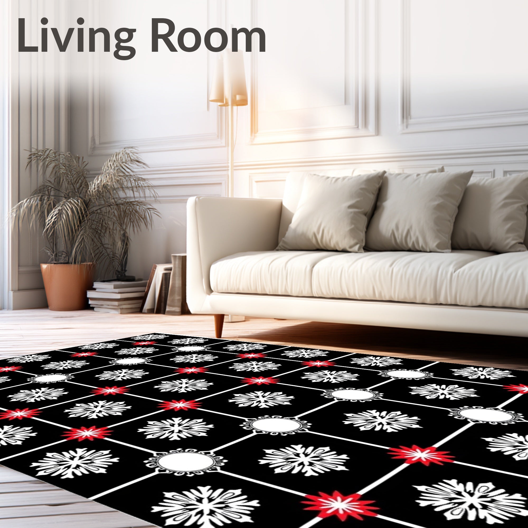 Black White Red Floral Medallion Accent Rug