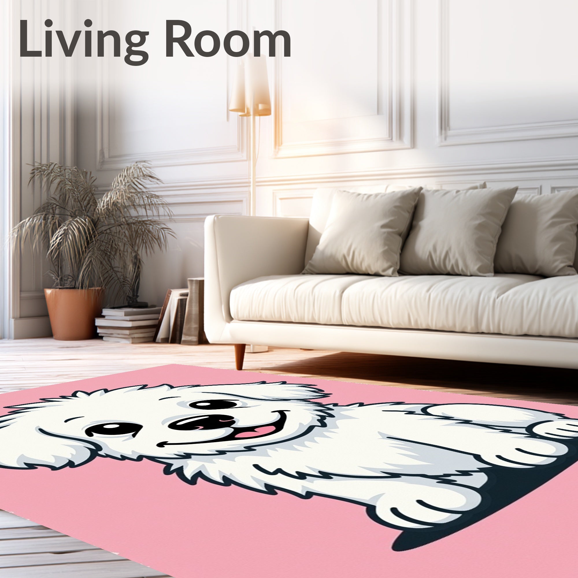 Cute White Fluffy Dog Portrait Pink Rug