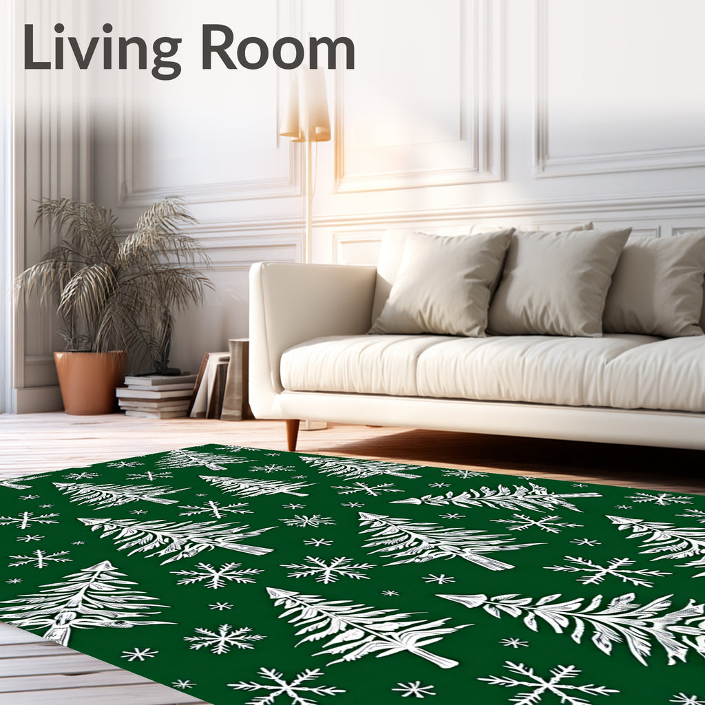 Forest Green White Evergreen Snowflakes Rug