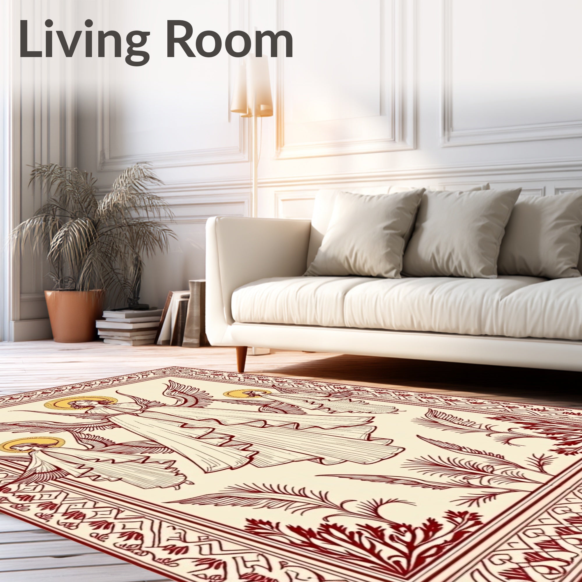 Red Medieval Angelic Winged Figures Rug