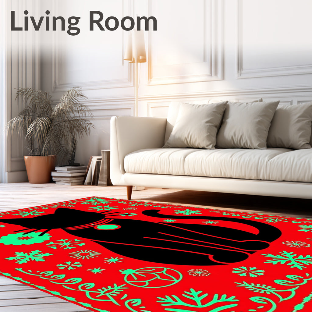 Black Cat Festive Snowflake Border Rug