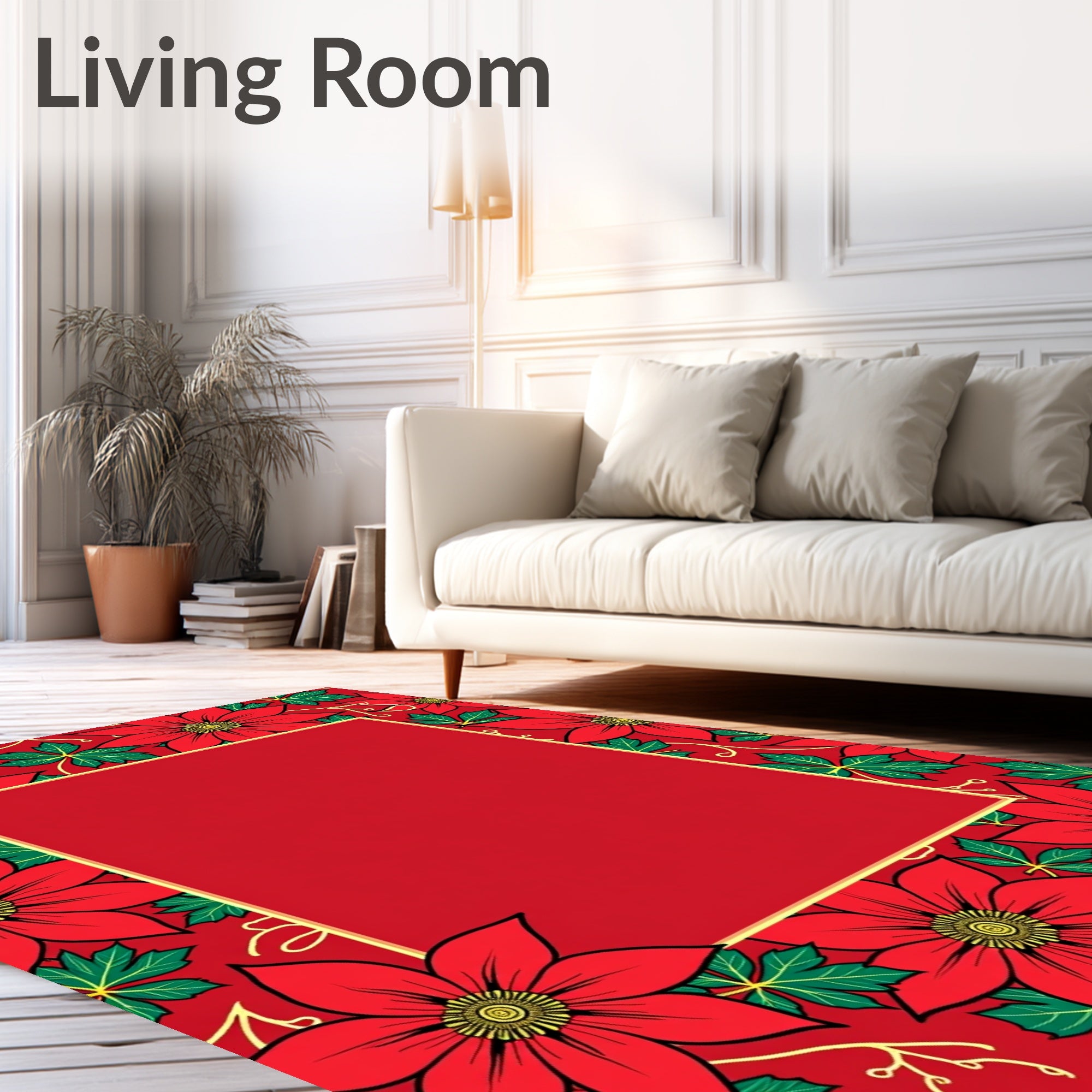 Red Poinsettia Floral Border Rug