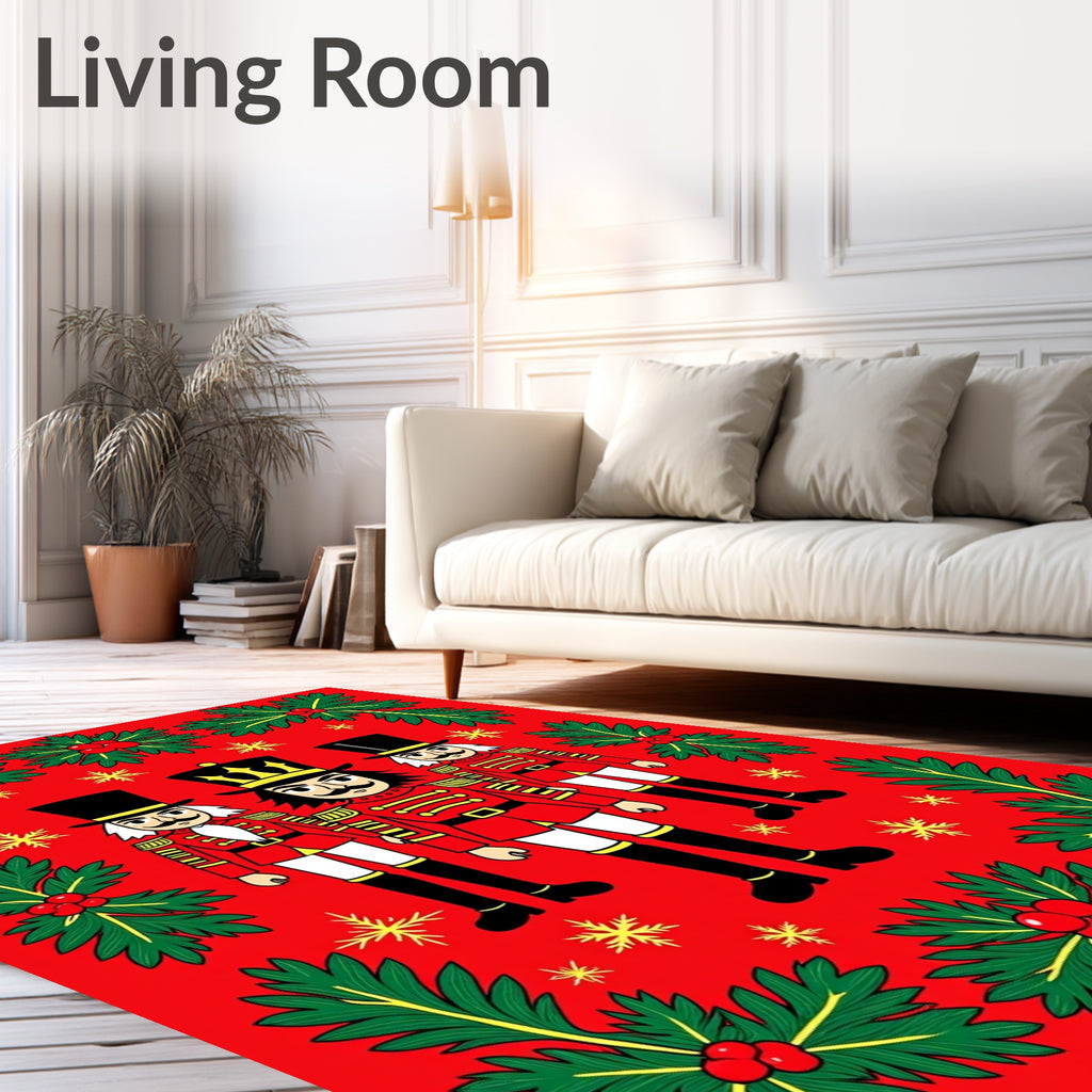 Festive Red Nutcracker Holly Accents Rug