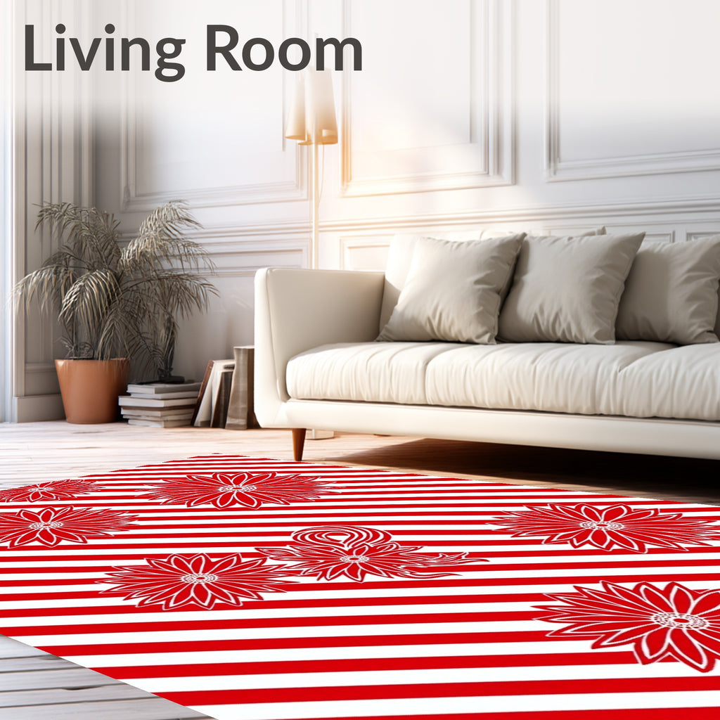 Red White Diagonal Stripes Floral Rug