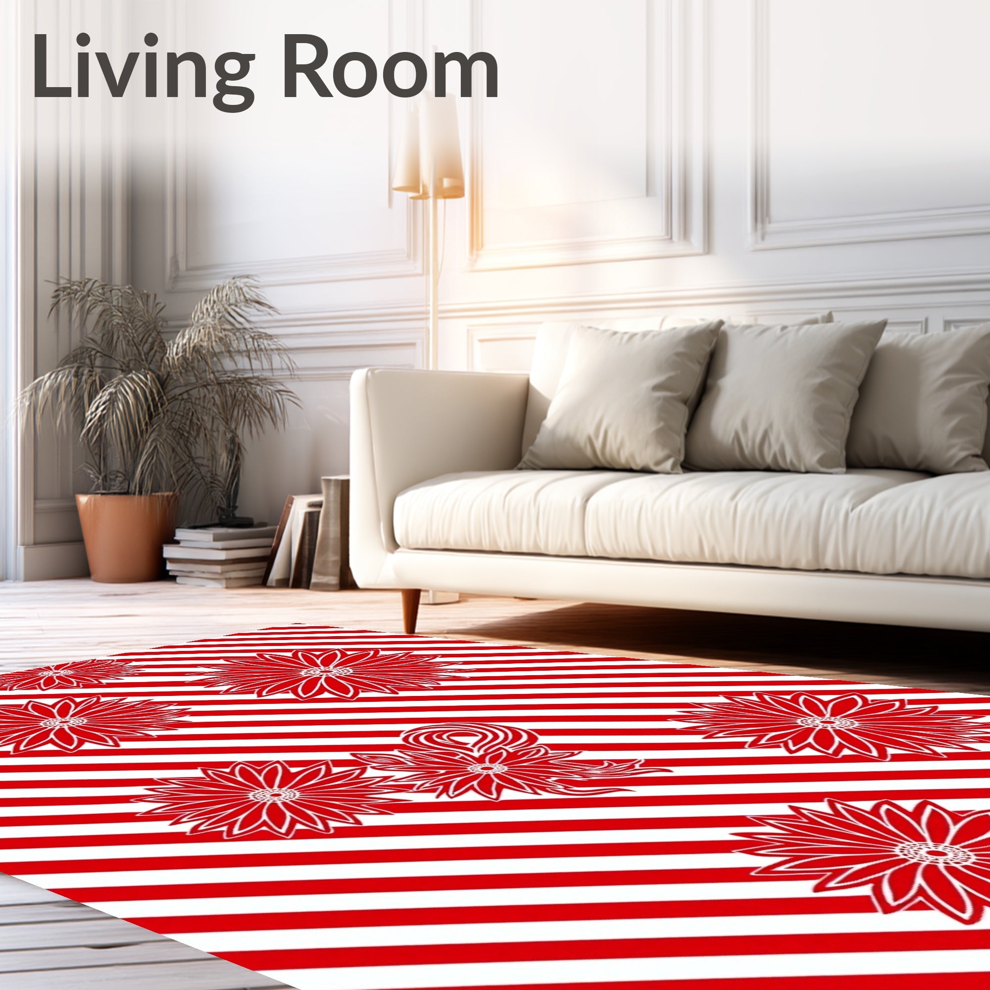 Red White Diagonal Stripes Floral Rug