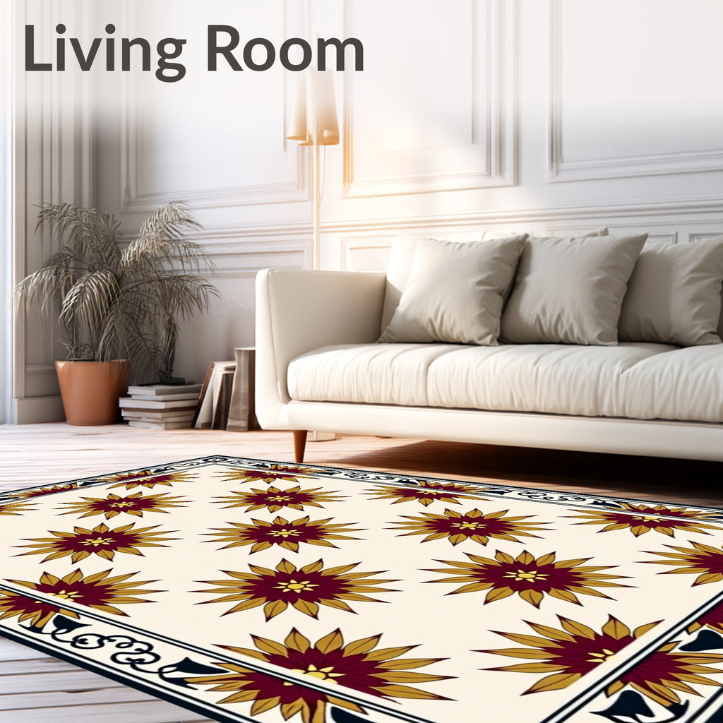 Deep Burgundy Gold Starburst Repeating Borders Rug