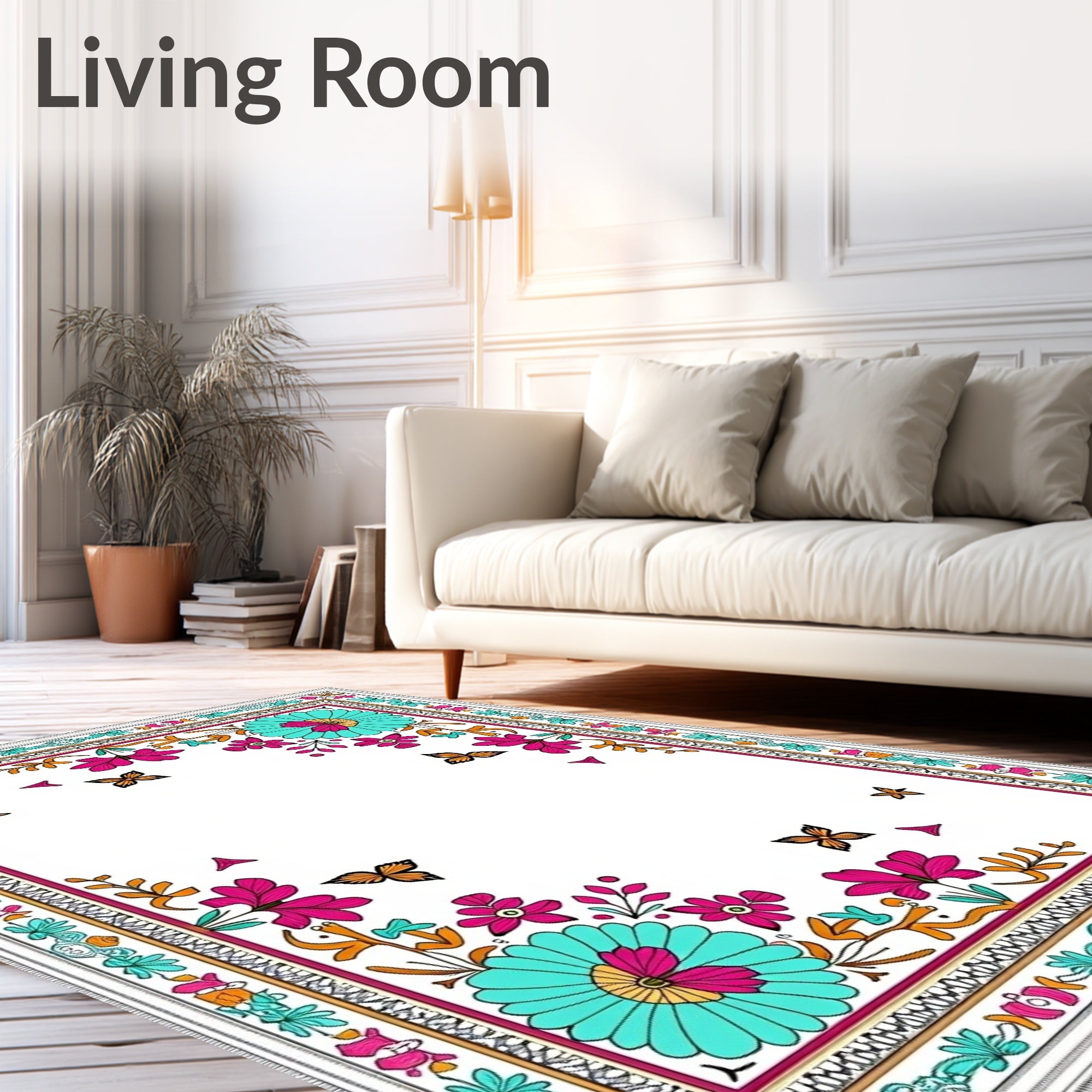 Whimsical Tropical Floral Butterfly Medallion Rug