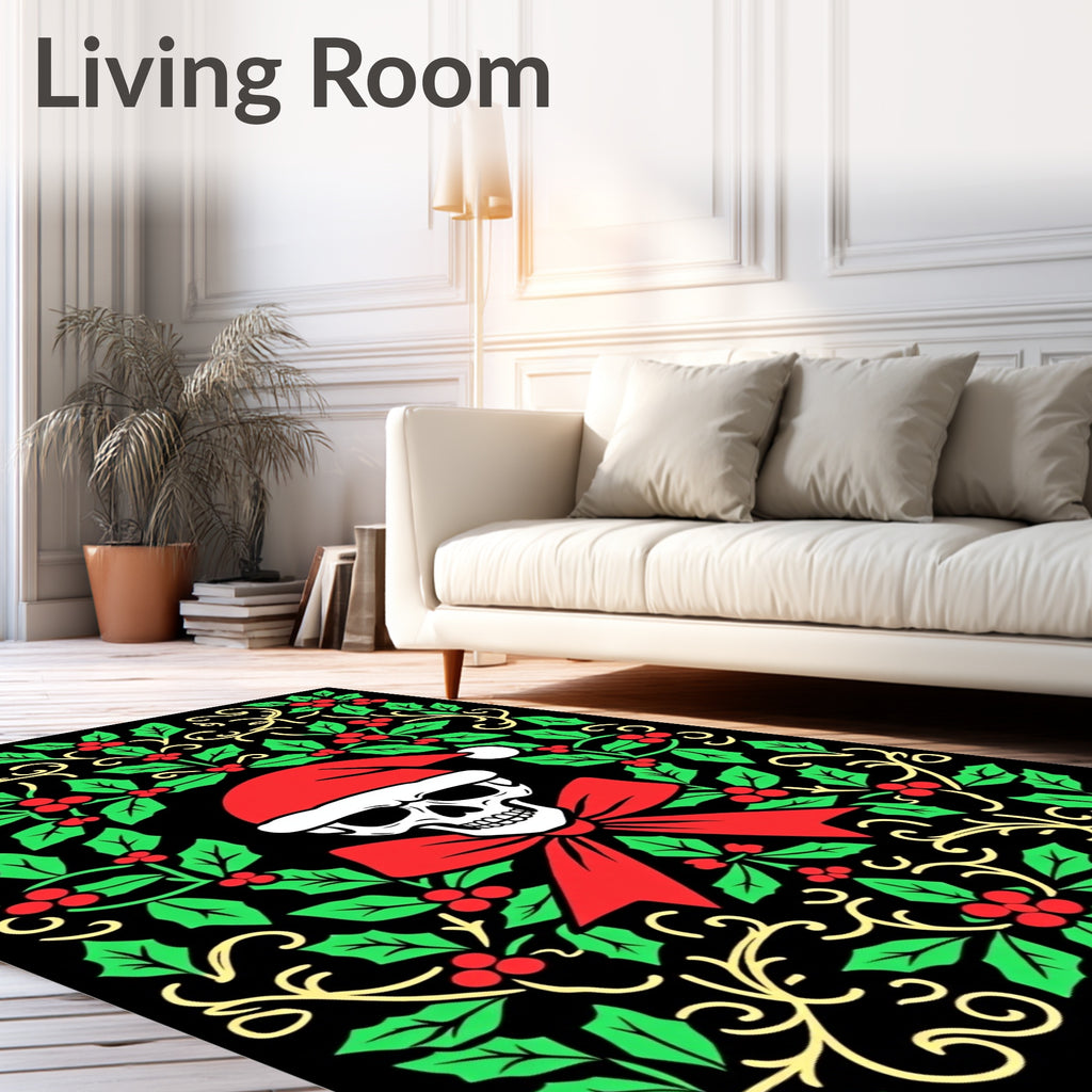 Creepy Santa Skull Festive Holly Border Rug
