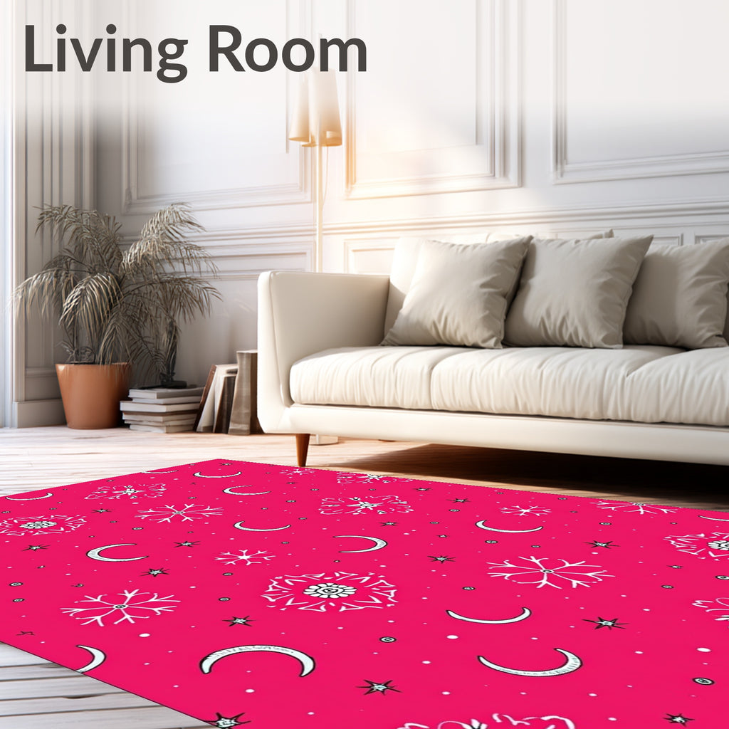 Pink White Celestial Snowflake Moon Rug