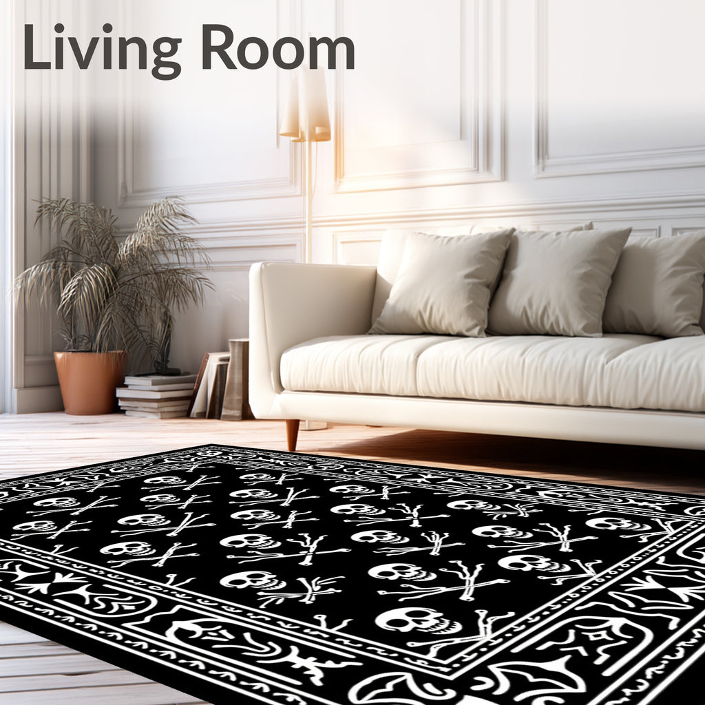 Black White Skull Crossbones Border Rug