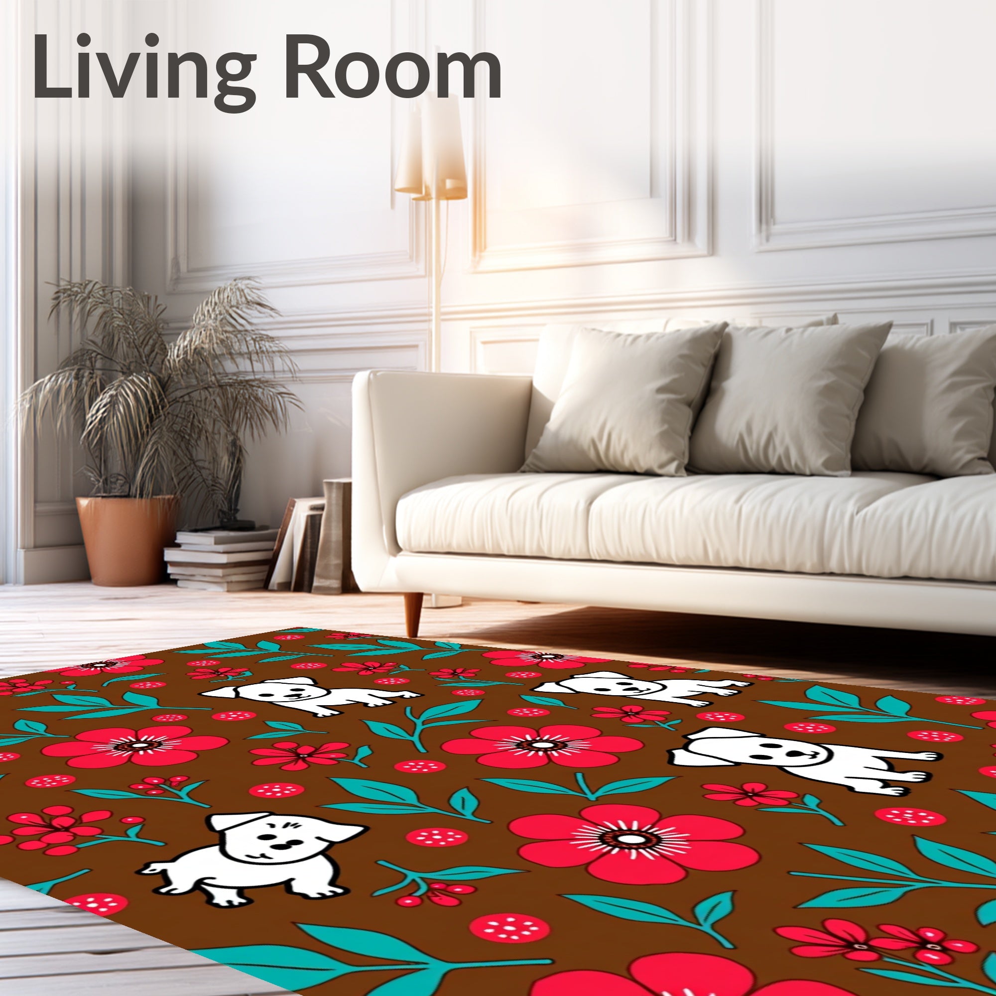 Brown Whimsical Puppy Floral Medley Rug