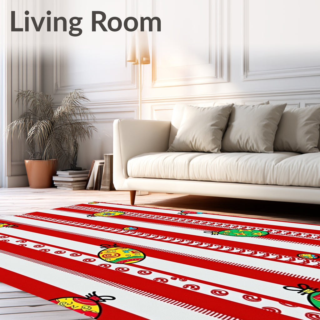 Festive Red Striped Holiday Ornaments Rug