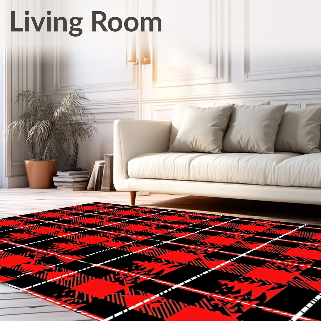 Red Black Buffalo Plaid Tree Texture Rug