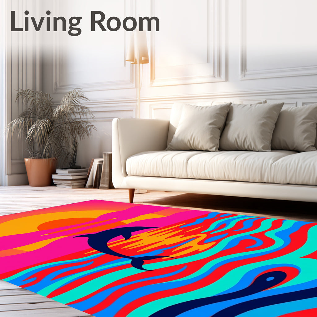 Vibrant Pink Sunset Dolphin Ocean Waves Rug