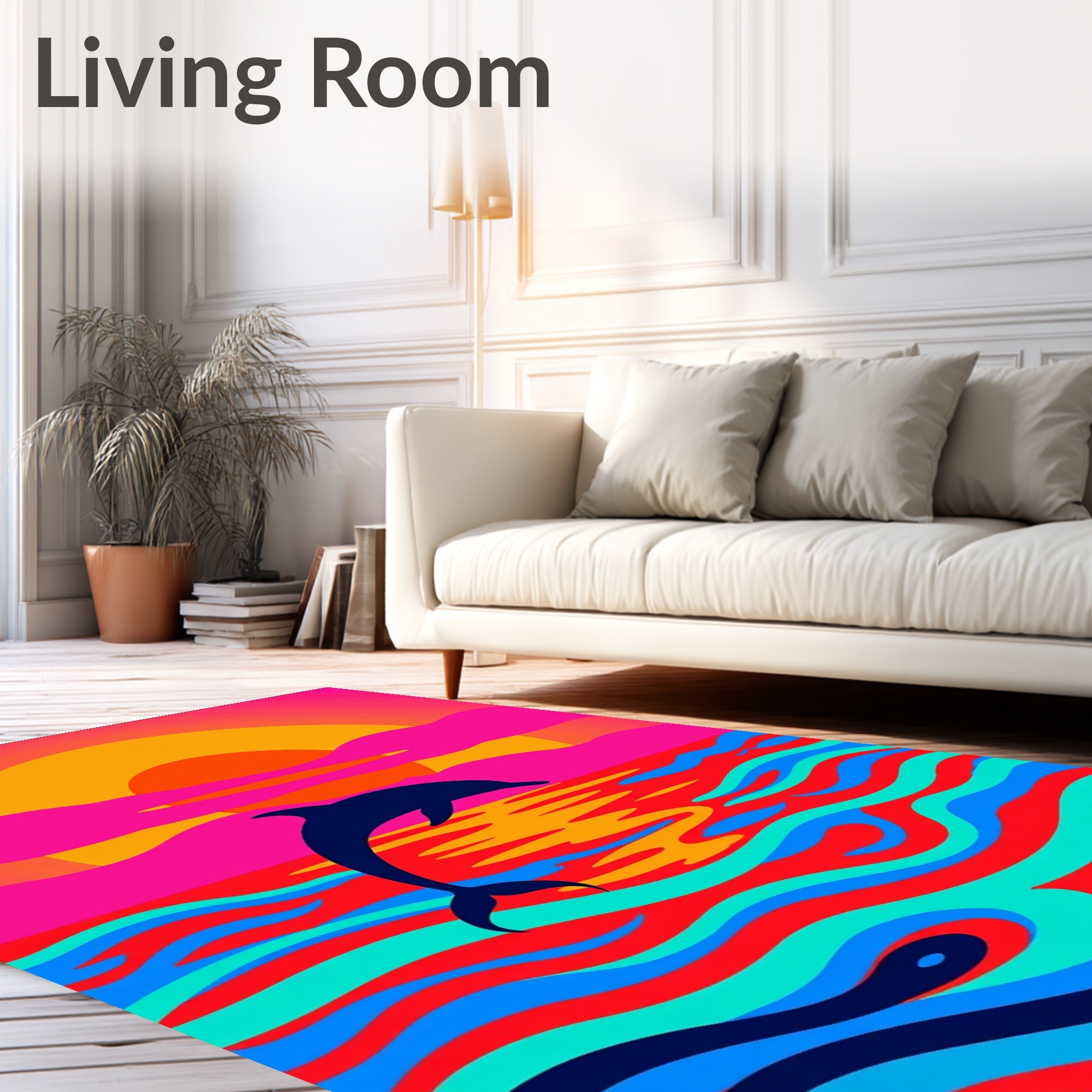 Vibrant Pink Sunset Dolphin Ocean Waves Rug