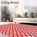 Red White Diamond Swirl Grid Rug