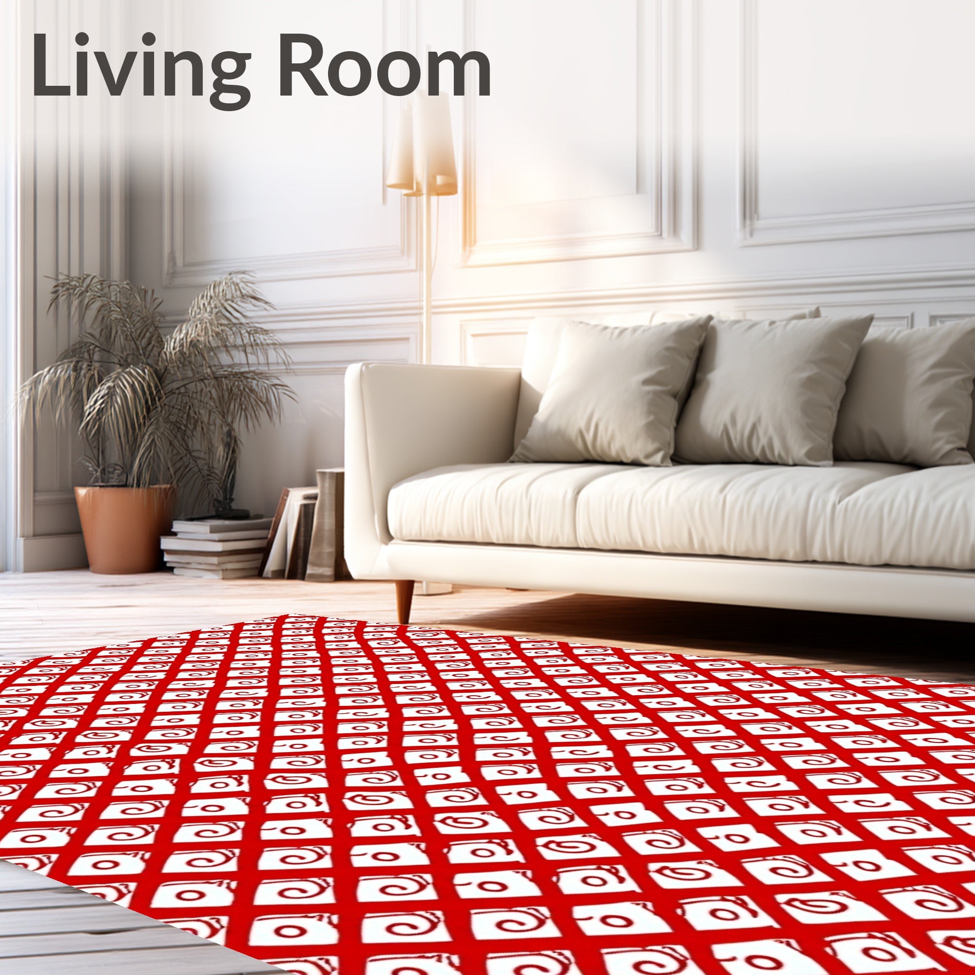 Red White Diamond Swirl Grid Rug