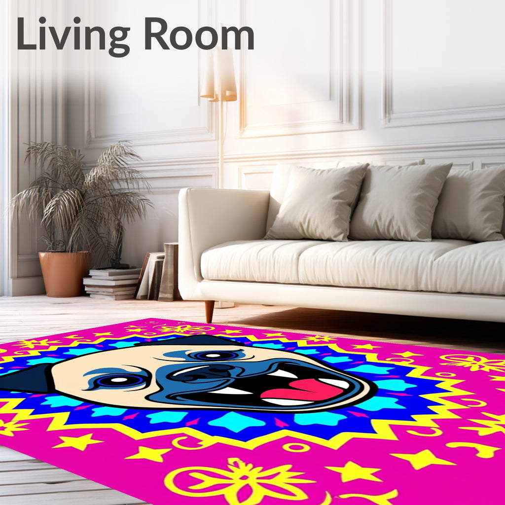 Vibrant Pug Mandala Hot Pink Yellow Rug