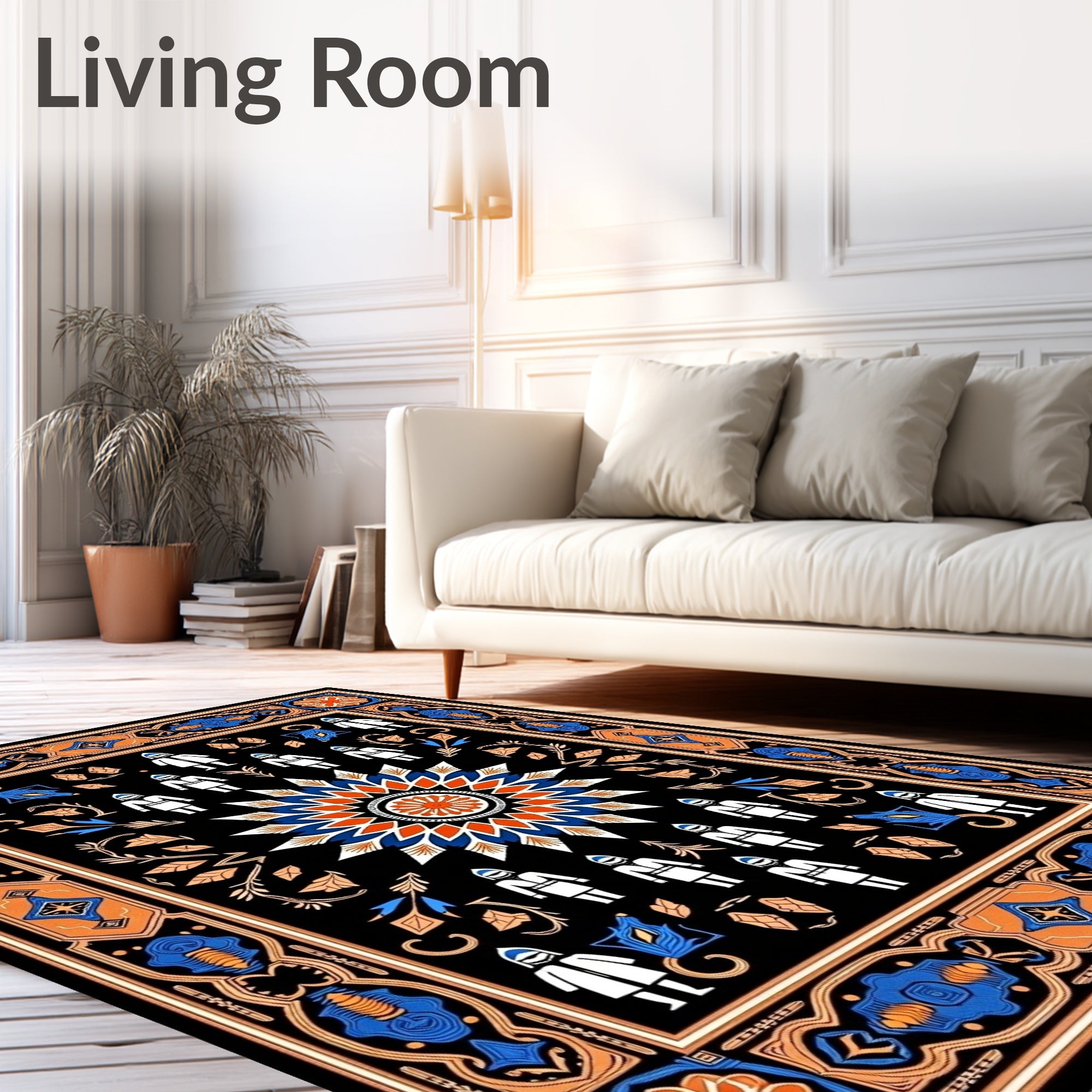 Black Orange Blue Folk Art Medallion Rug