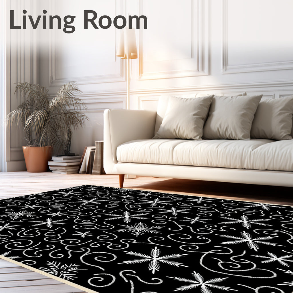 Black White Snowflake Swirls Winter Rug