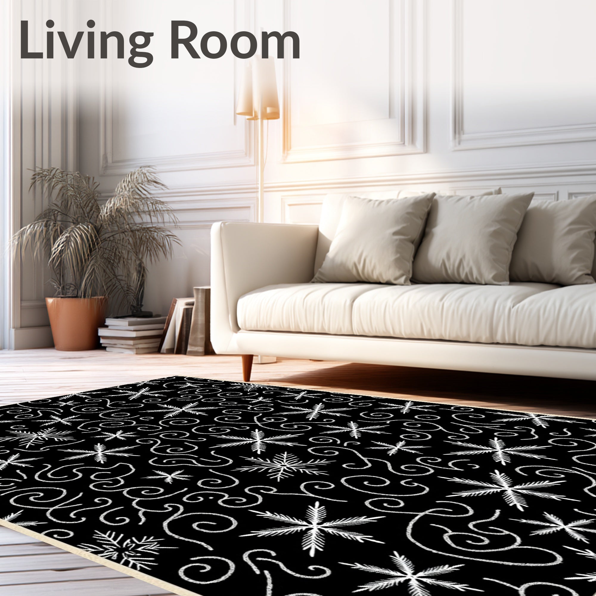 Black White Snowflake Swirls Winter Rug