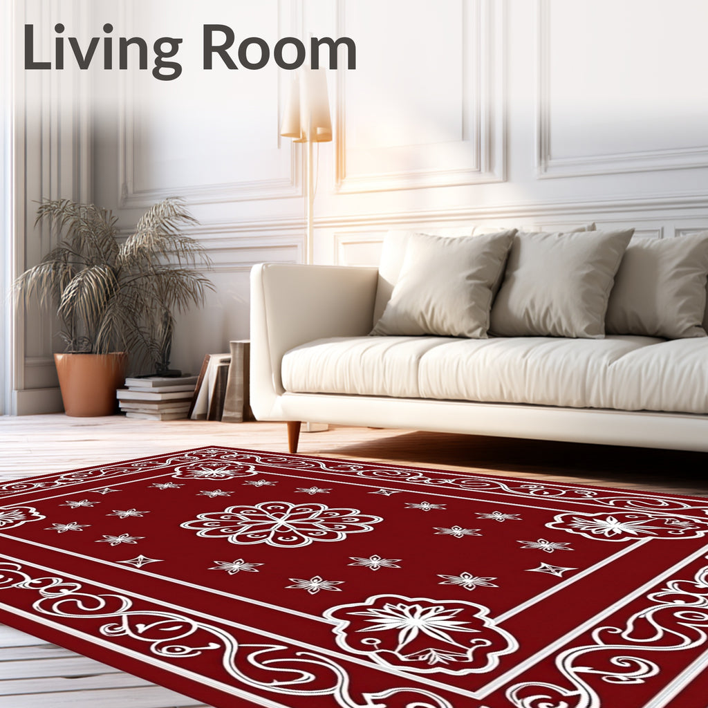 Deep Red White Scrollwork Bloom Rug