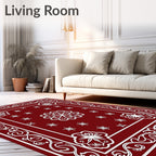 Deep Red White Scrollwork Bloom Rug