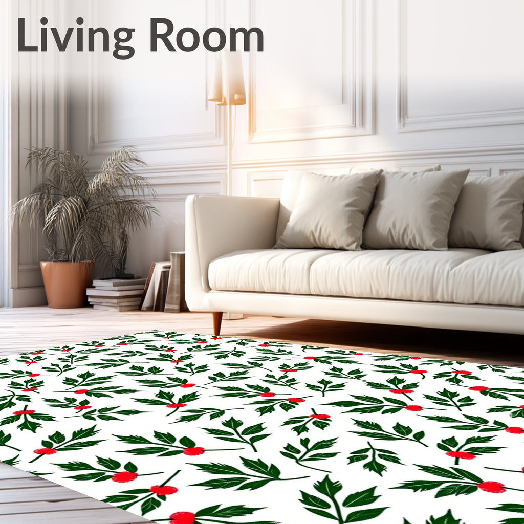 Green Leaf Red Berry Scattered Sprigs Rug