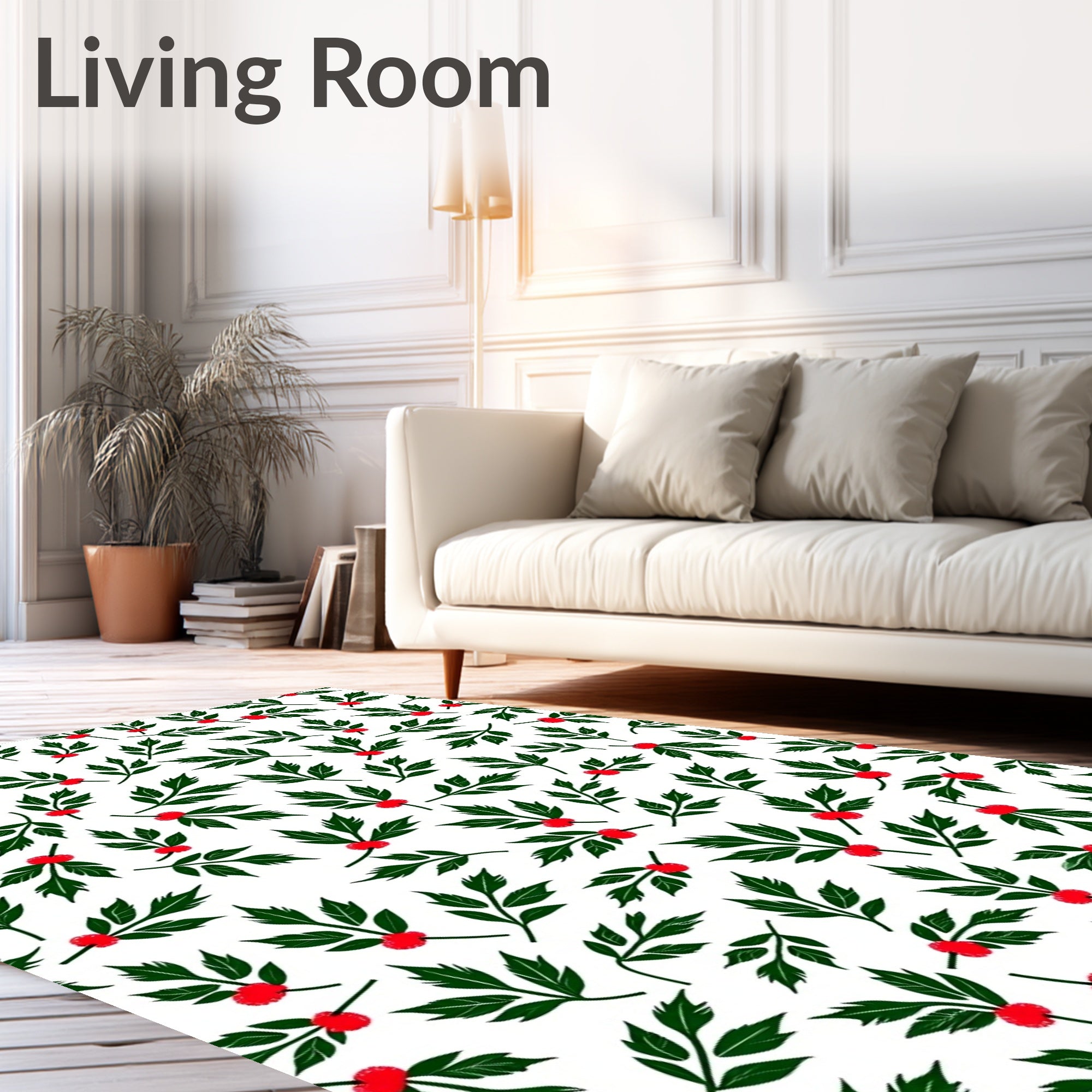 Green Leaf Red Berry Scattered Sprigs Rug