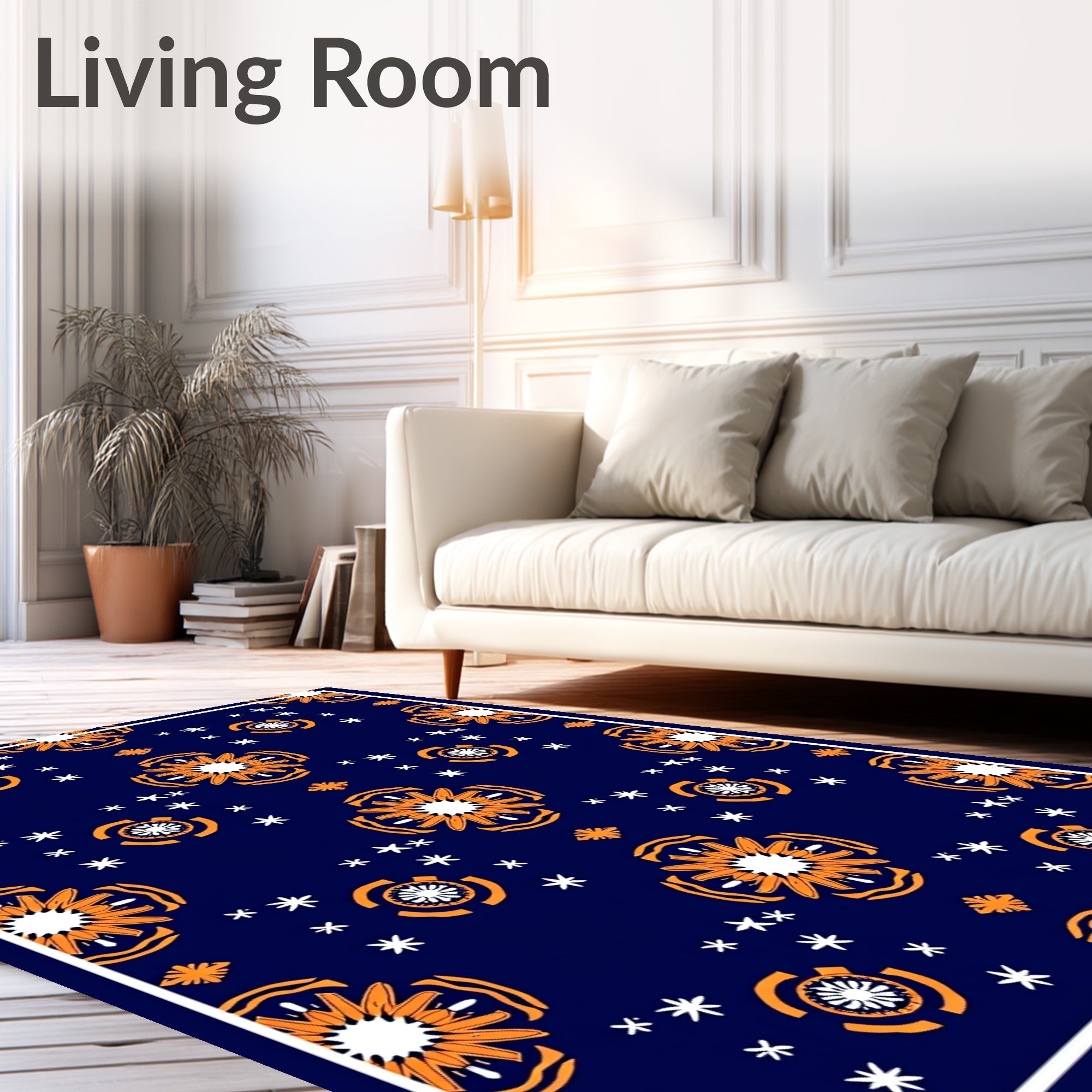 Navy Orange Floral Starburst Scatter Rug