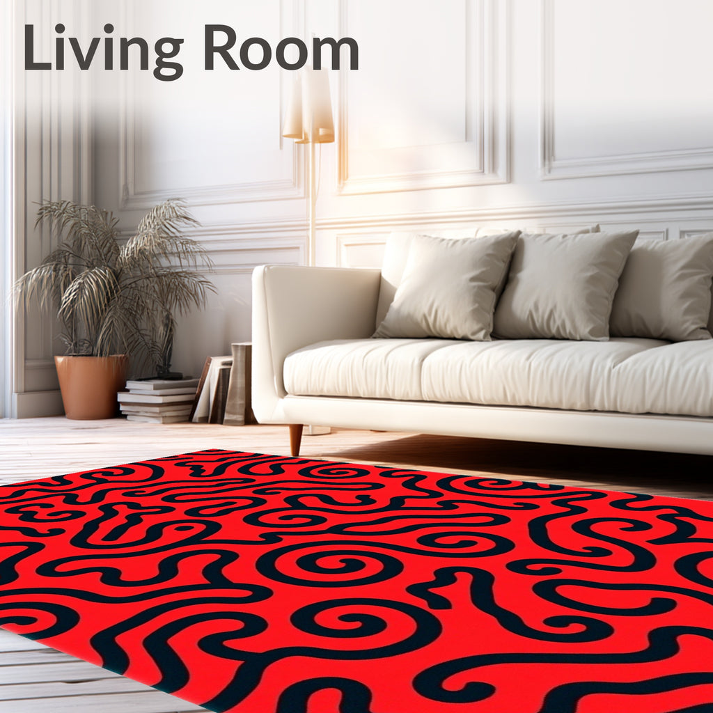 Red and Black Swirl Abstract Rug