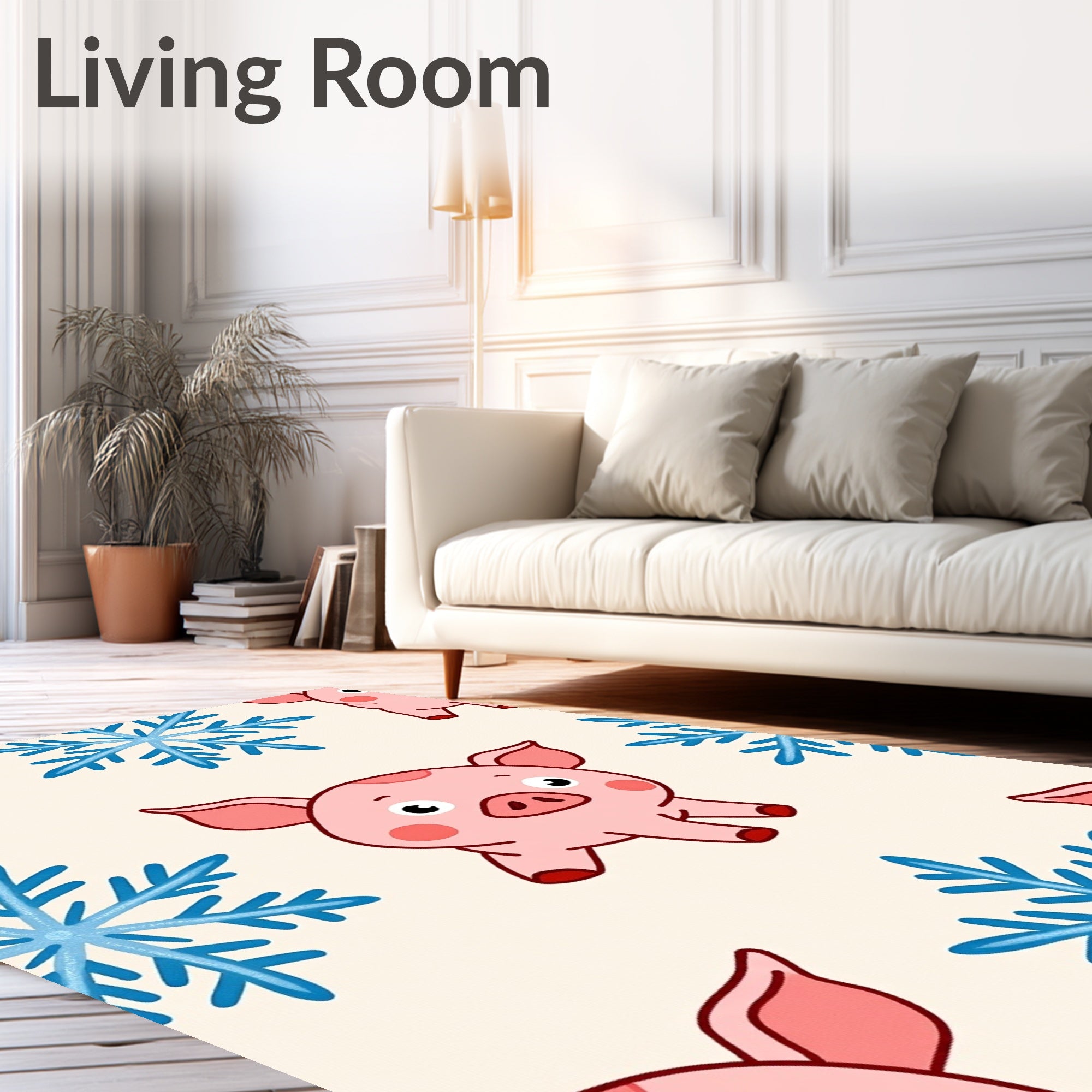 Cute Pink Pigs And Blue Snowflakes Rug