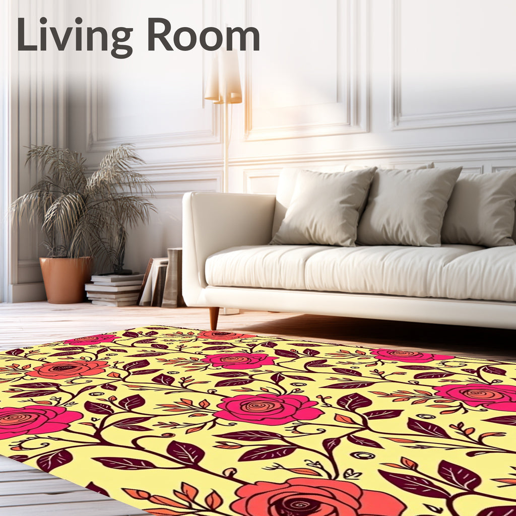 Vibrant Pink Roses Yellow Floral Vine Rug