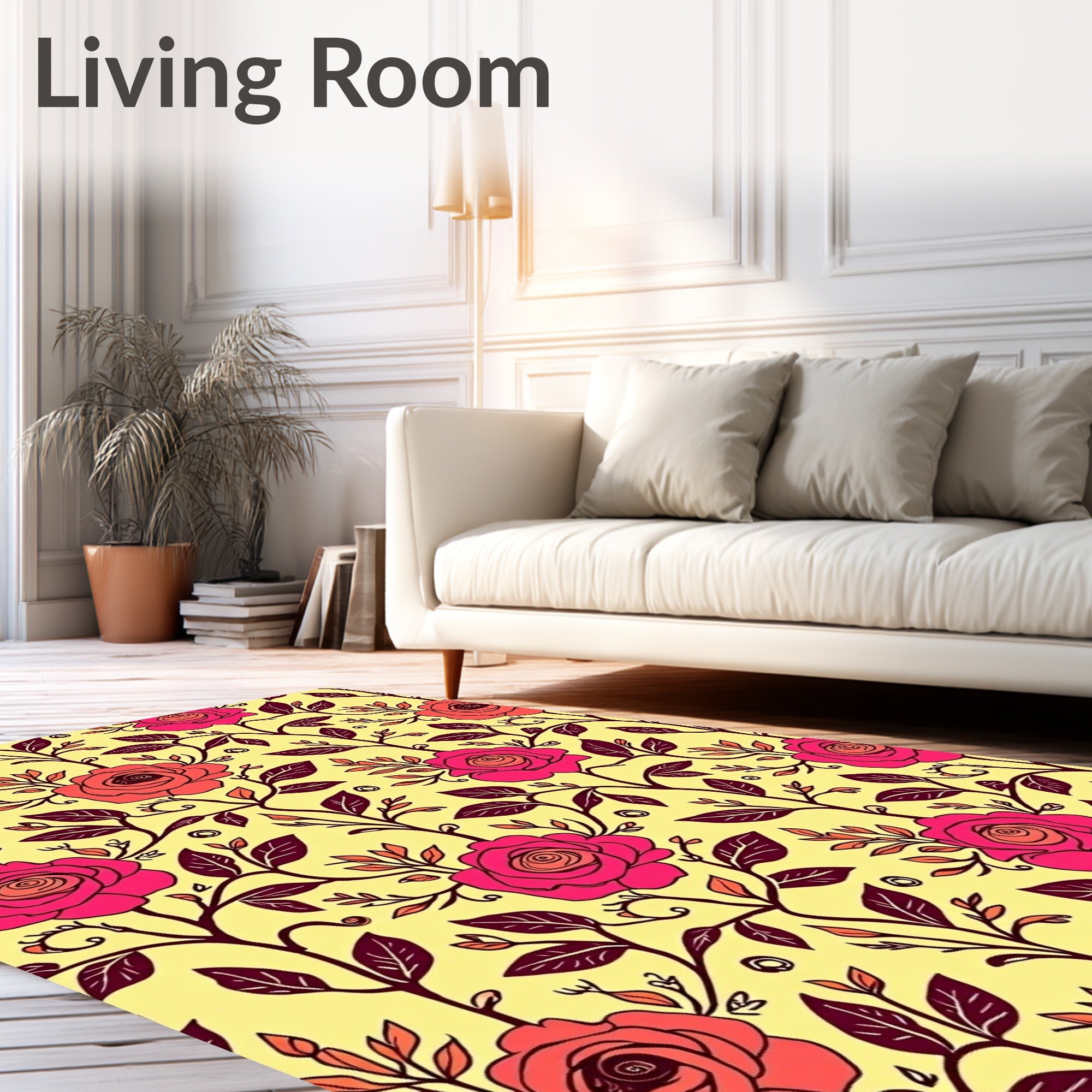 Vibrant Pink Roses Yellow Floral Vine Rug
