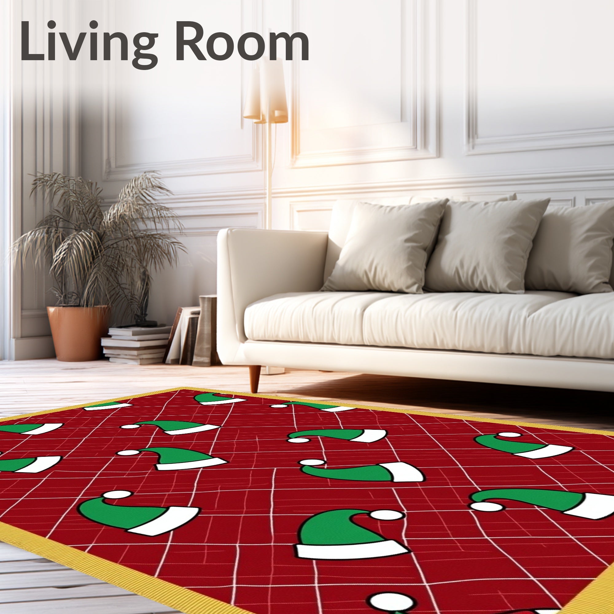 Festive Green Elf Hat Red Plaid Rug