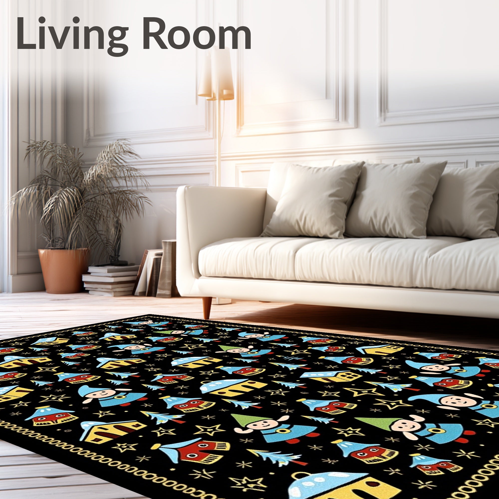 Whimsical Gnomes Forest Houses Stars Rug