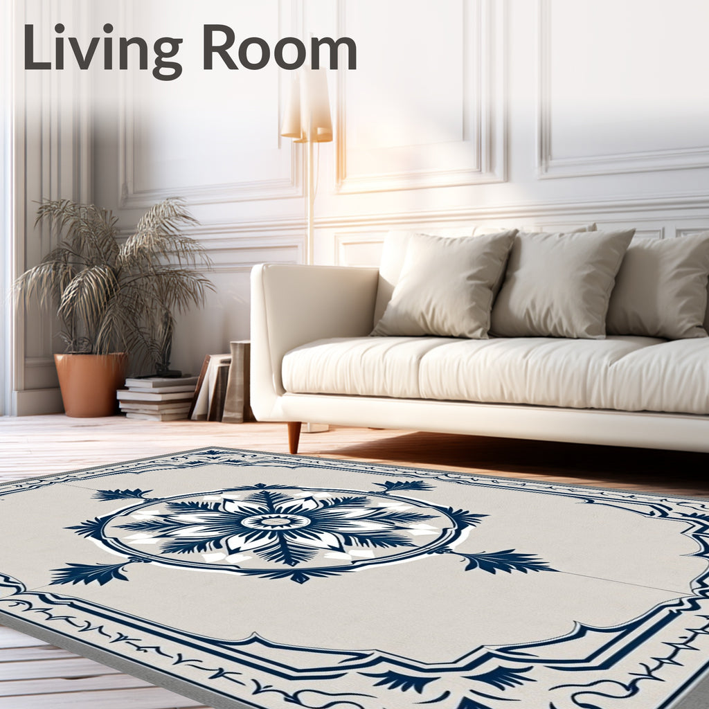 Navy Blue Floral Medallion Beige Rug
