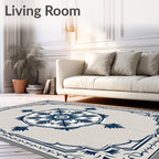 Navy Blue Floral Medallion Beige Rug