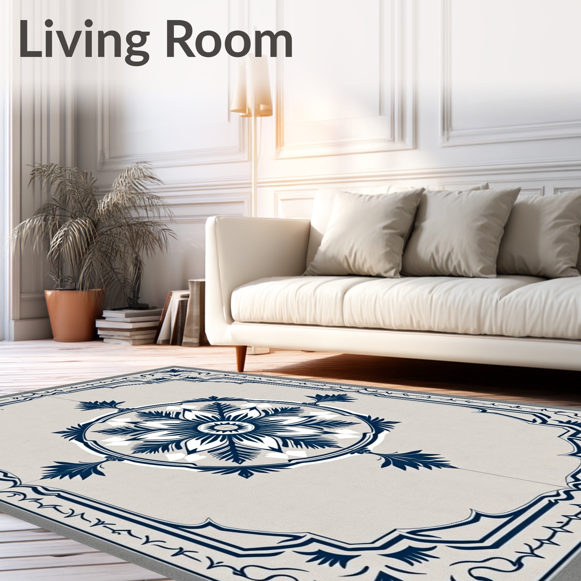 Navy Blue Floral Medallion Beige Rug