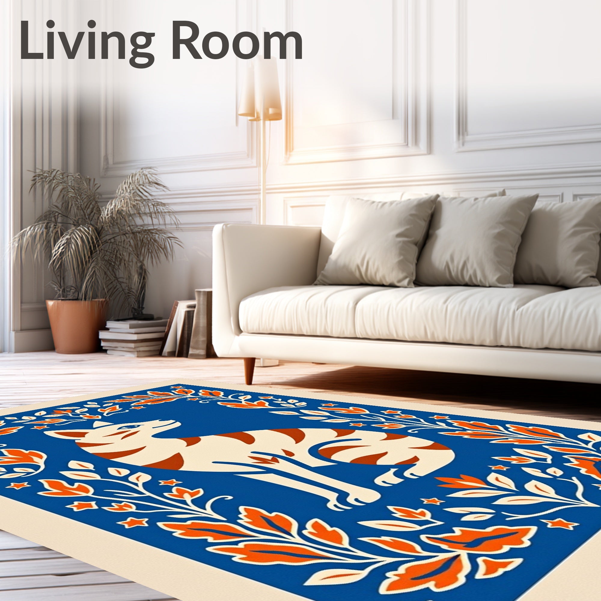Orange Floral Frame Cat Medallion Rug