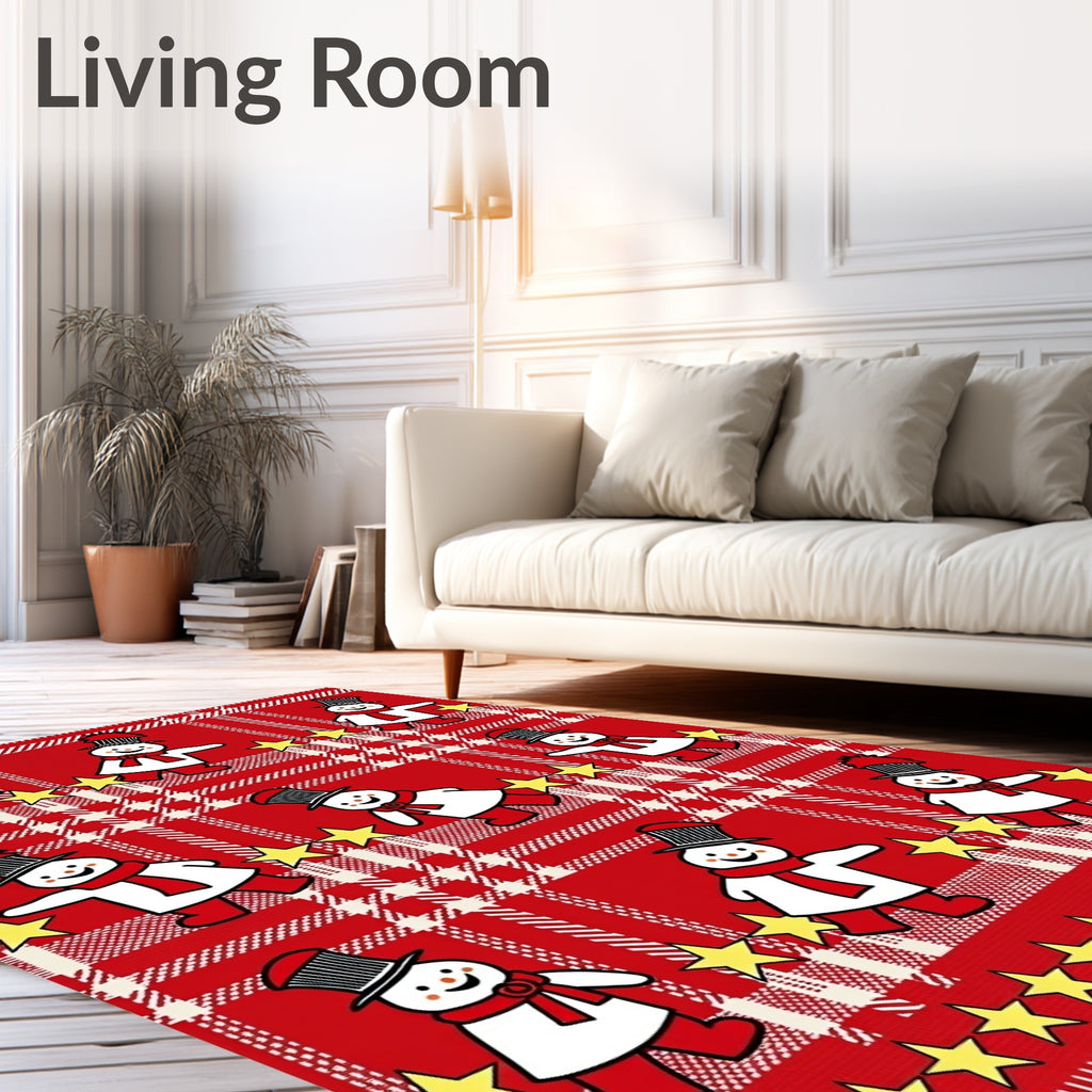 Red White Plaid Snowmen Stars Rug