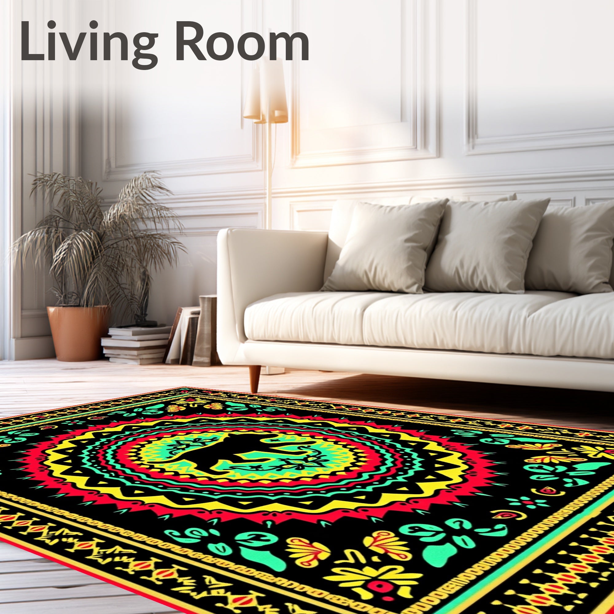 Vibrant Black Dog Mandala Rug