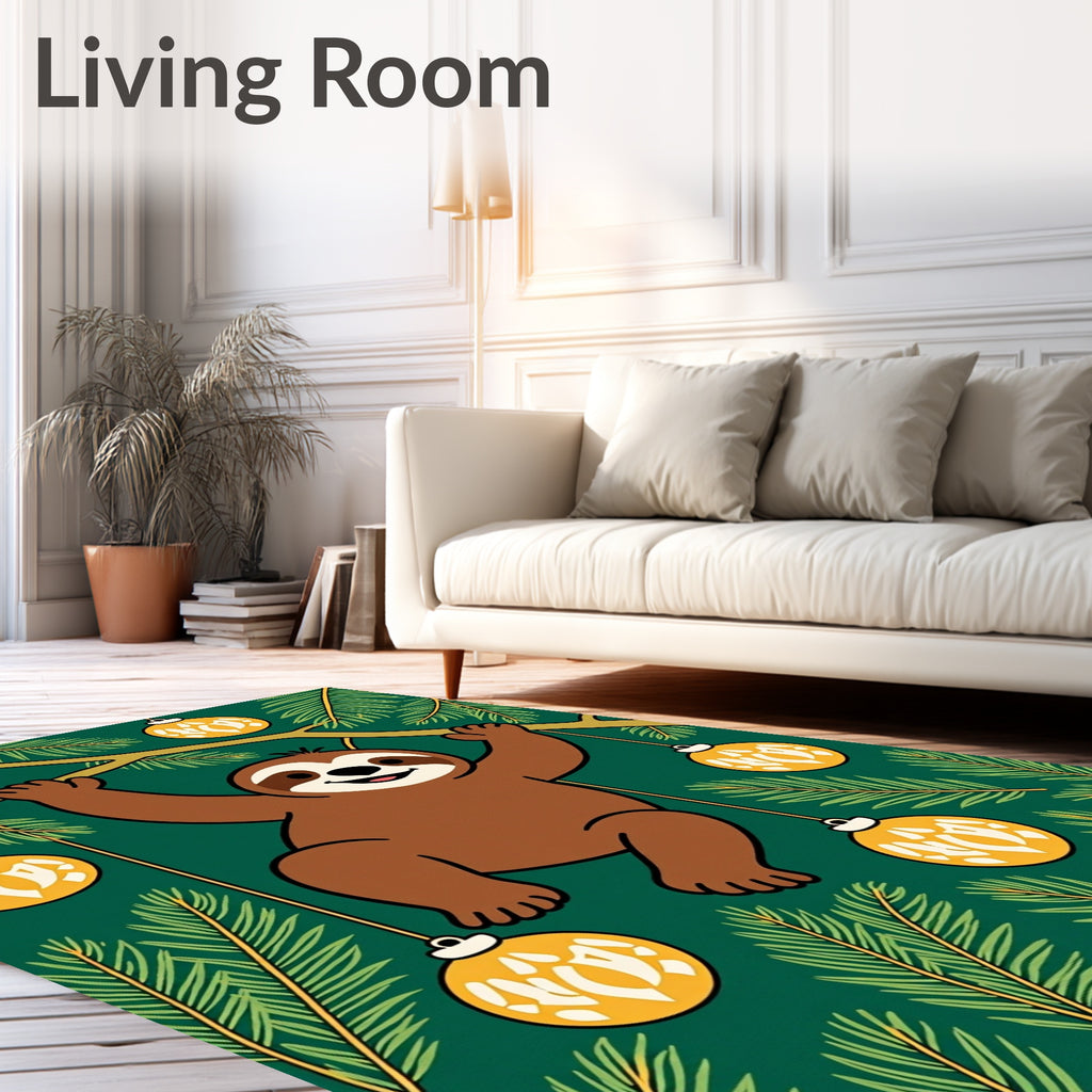 Whimsical Sloth Christmas Ornaments Green Rug