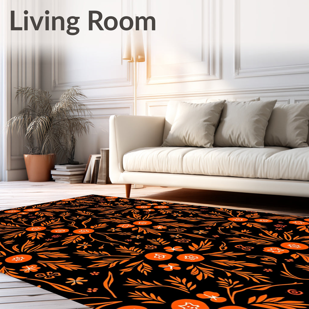 Vibrant Orange Floral Burst Black Rug