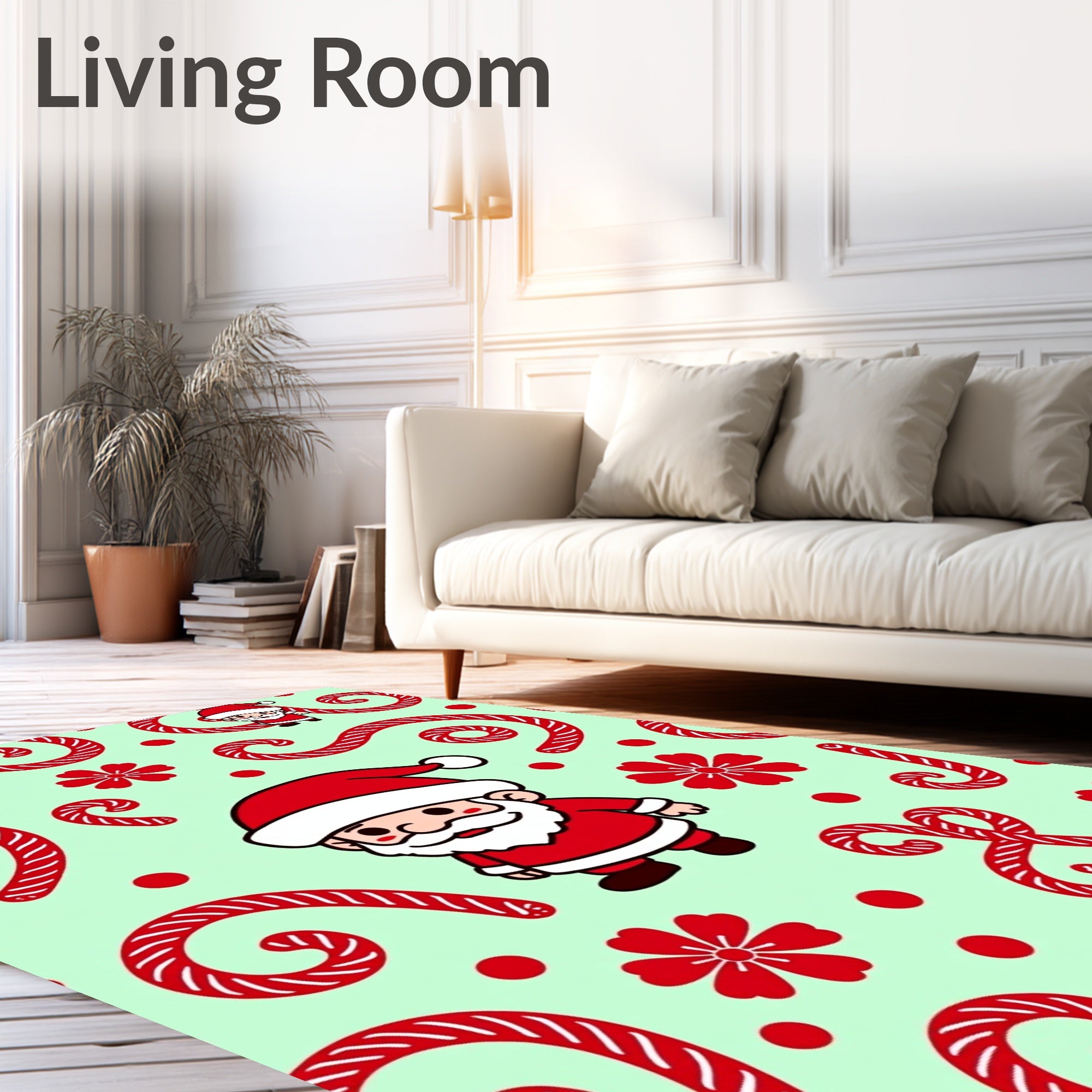 Santa Candy Cane Red Floral Background Rug